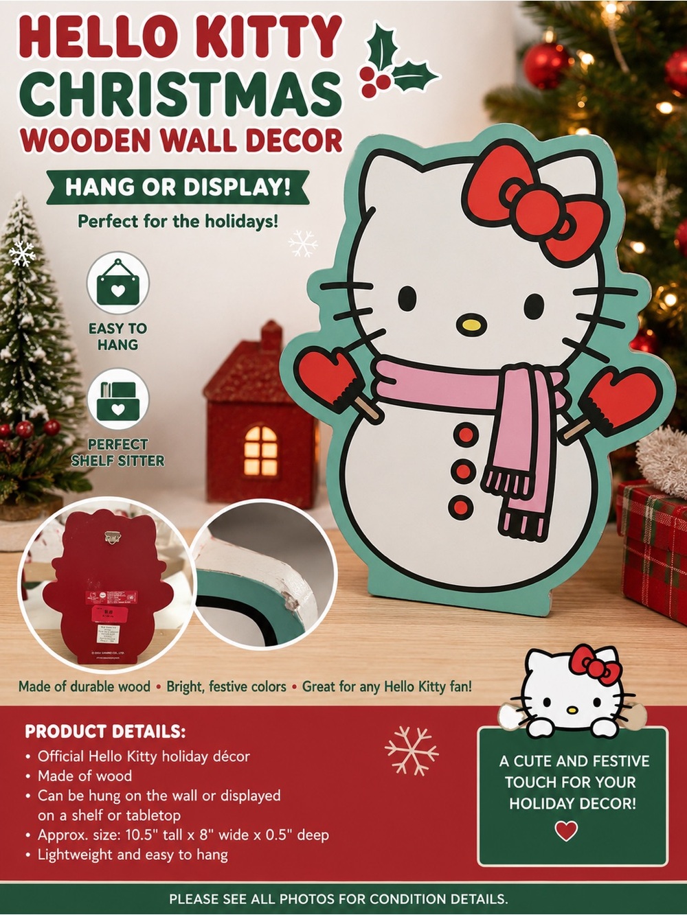 Sanrio Hello Kitty Holiday Wooden Wall Decor – White, Pink & Red